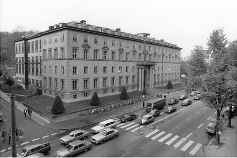 Black and white street view of the SSE building