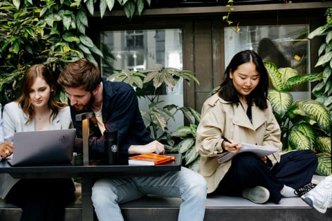 Students working together at an outdoor table