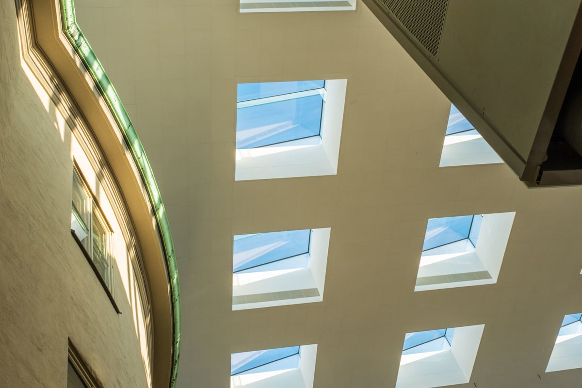Skylights in the atrium roof at the Stockholm School of Economics